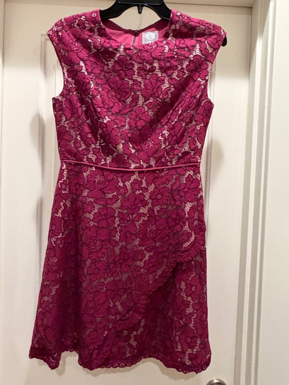 Vince Camuto, cranberry colored lace overlay dress, 4 Petite